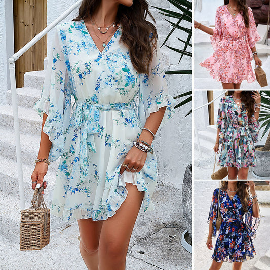 Summer Floral Print Short Sleeves Dress Lace Up Ruffles Design Fashion V-neck Short Dresses Womens Clothing - The Trend