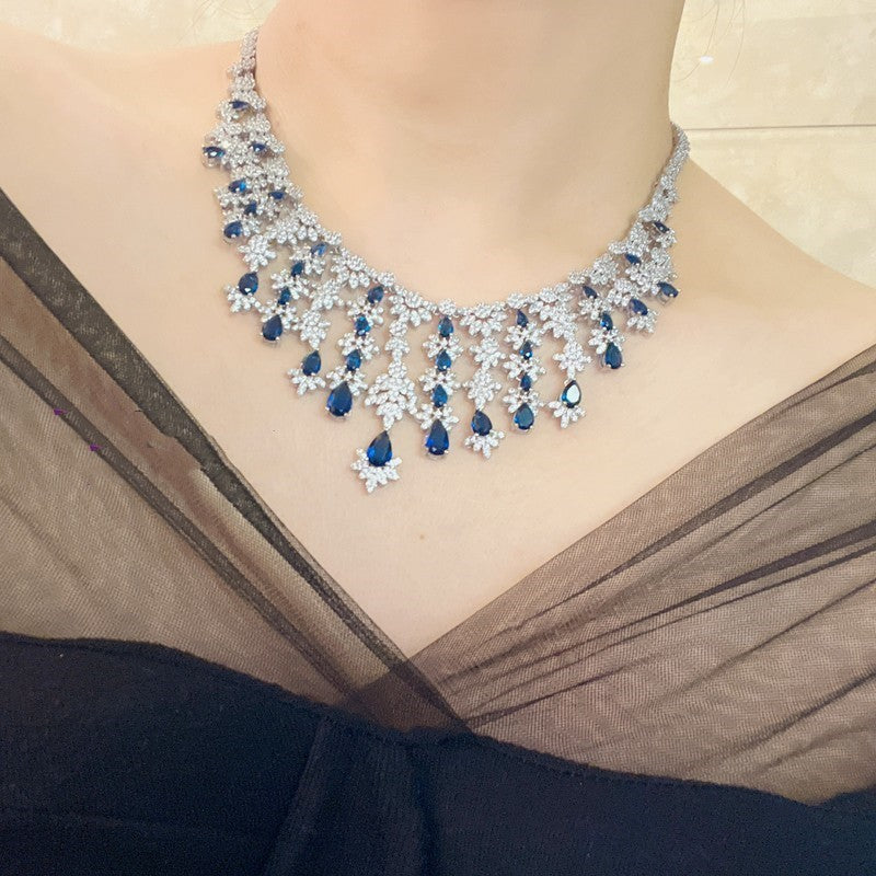 Blue Full Rhinestone Zircon Tassel Necklace Earring Bracelet Four-piece Set J
