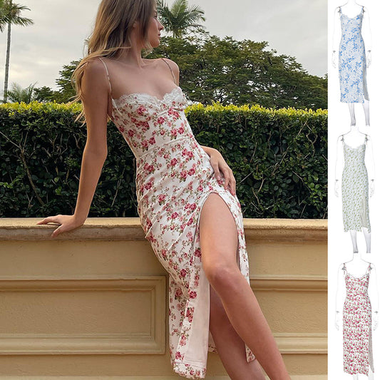 Lace Flowers Print Long Dress Sexy Fashion Slit Suspender Dress Summer Womens Clothing - The Trend
