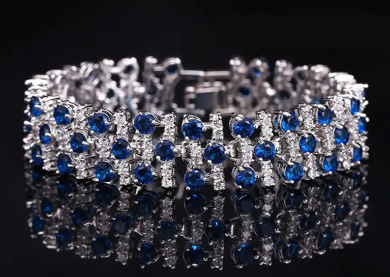 Elegant White & Royal Blue CZ Crystal Bangle Bracelet - White Gold Plated | BR038
