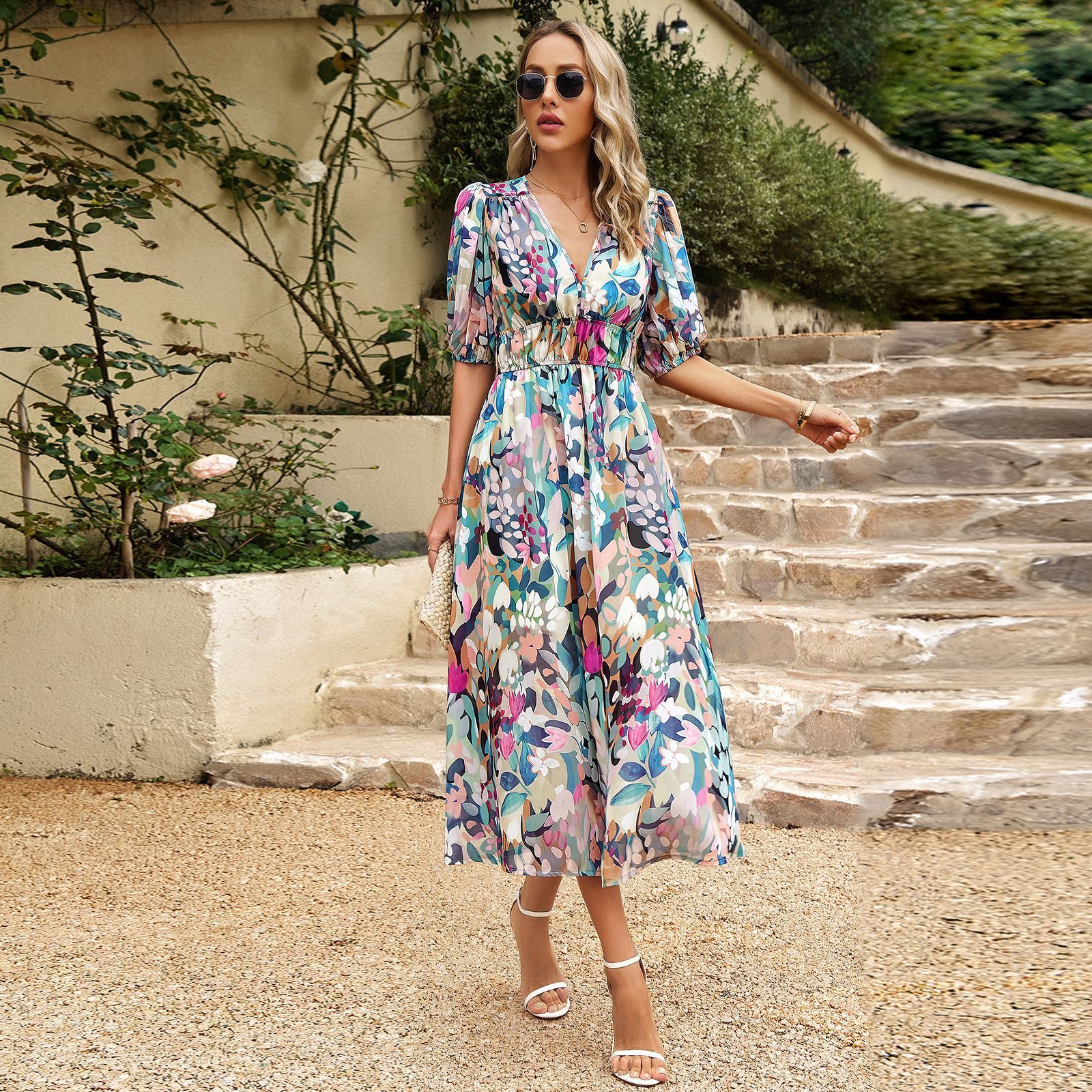 New V-neck Printed Short-sleeved Long Dress Summer Fashion Slim Seaside Vacation Beach Dresses For Women Clothing